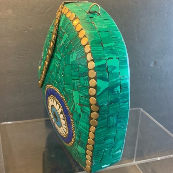 RAMLA HANDMADE Green Mosaic Clutch with Blue, Gold & White Accents NWOT Designer - Picture 2 of 6